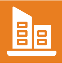 Icon of two white buildings on an orange background.