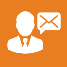 White businessperson icon with a message bubble on orange background.